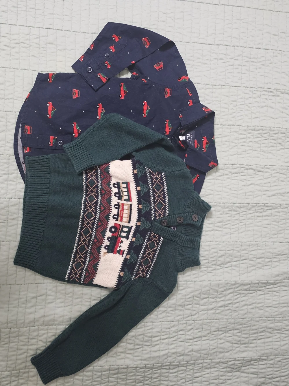 The Children's Place Navy Shirt and Green Fair Isle Train Sweater